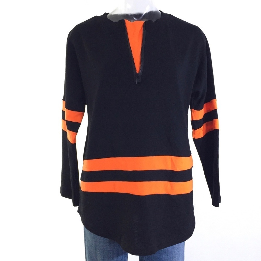 Emma & Sam Black + Orange Striped Zippered Top S